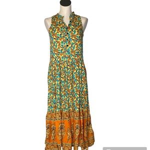 R. Vivimos Sleeveless Yellow Orange Boho Floral Maxi Dress Size Small